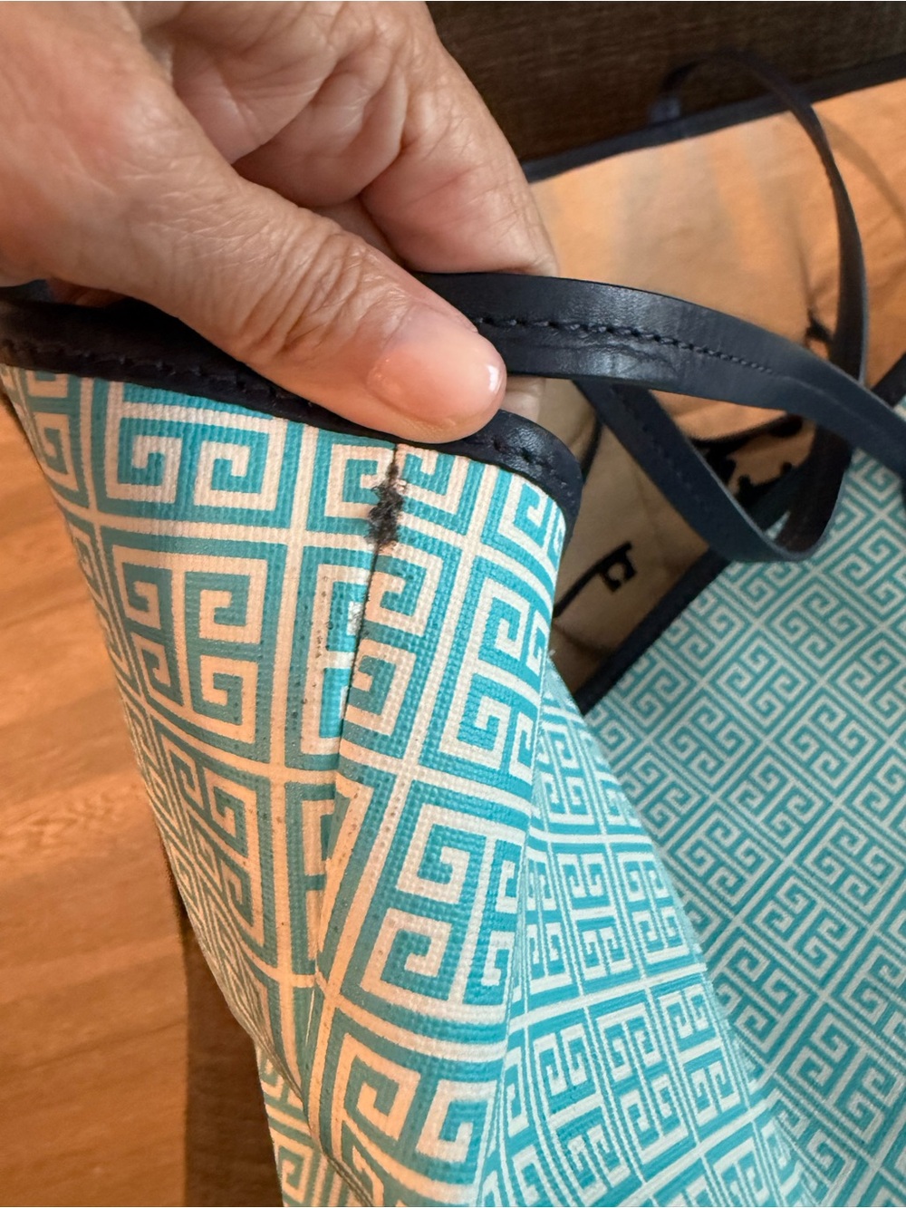 Jonathan Adler Duchess Medium E/W Tote Blue Greek Key – $198 Retail - Picture 10 of 11